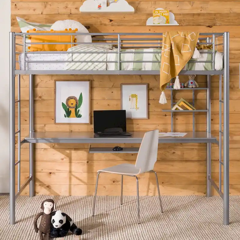 Silver Metal Loft Bed with Built-In Desk and Storage Shelves