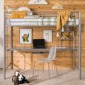 Silver Metal Loft Bed with Built-In Desk and Storage Shelves