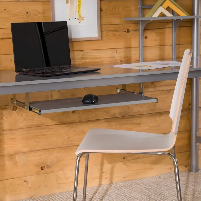 Silver Metal Loft Bed with Built-In Desk and Storage Shelves