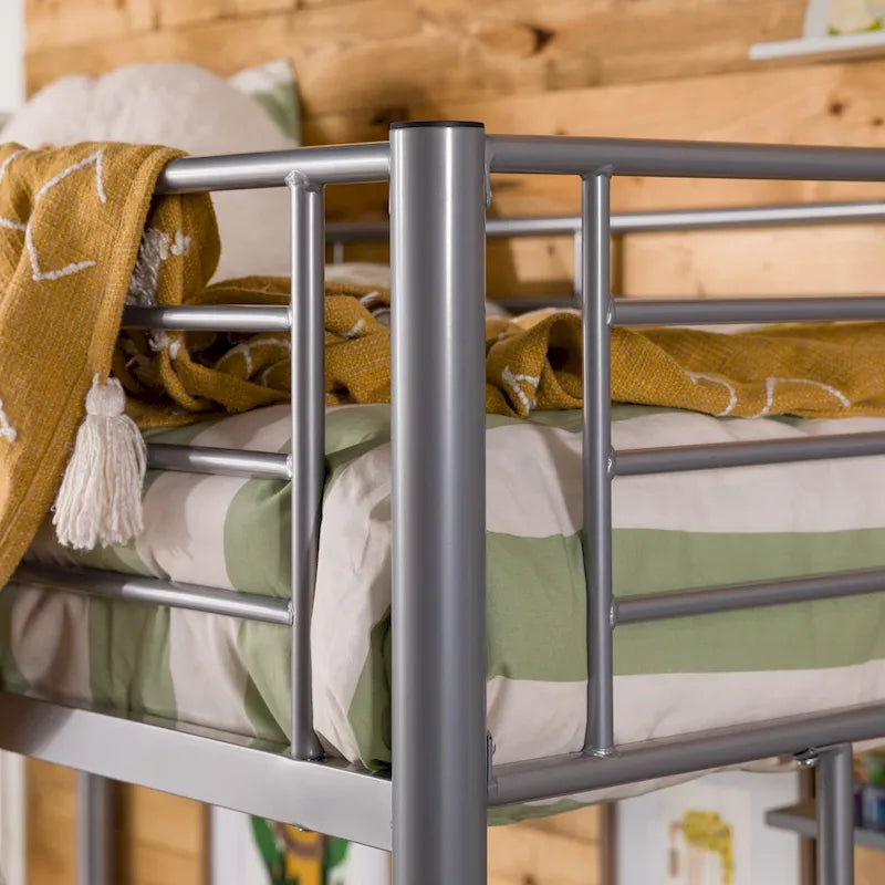 Silver Metal Loft Bed with Built-In Desk and Storage Shelves