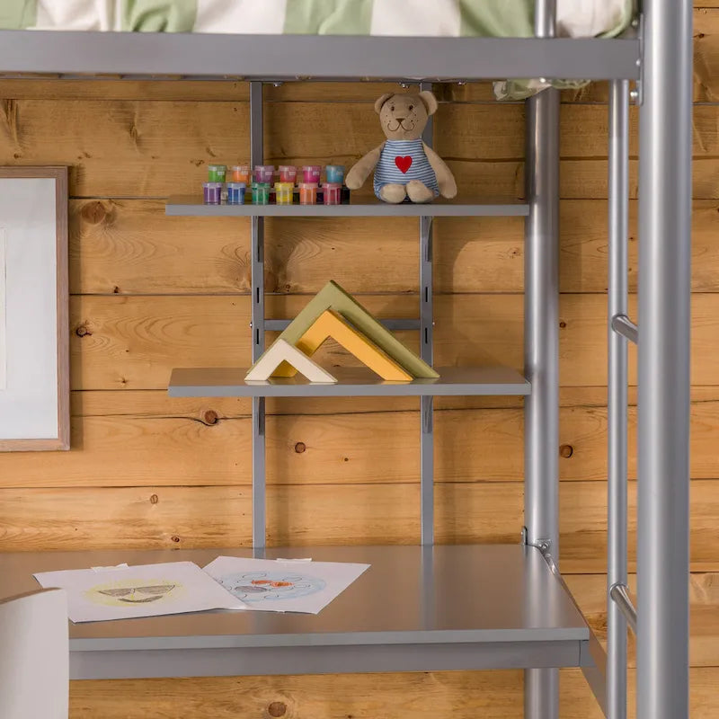 Silver Metal Loft Bed with Built-In Desk and Storage Shelves