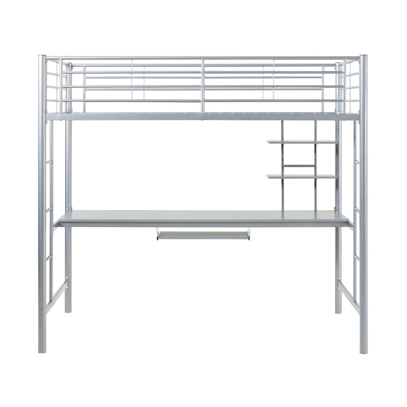 Silver Metal Loft Bed with Built-In Desk and Storage Shelves
