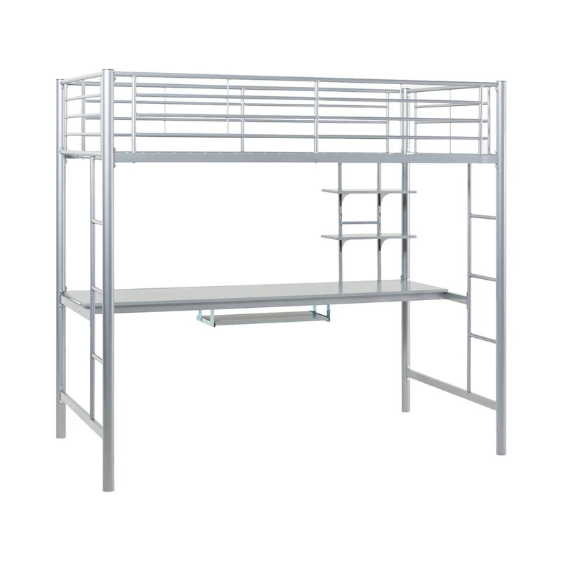 Silver Metal Loft Bed with Built-In Desk and Storage Shelves