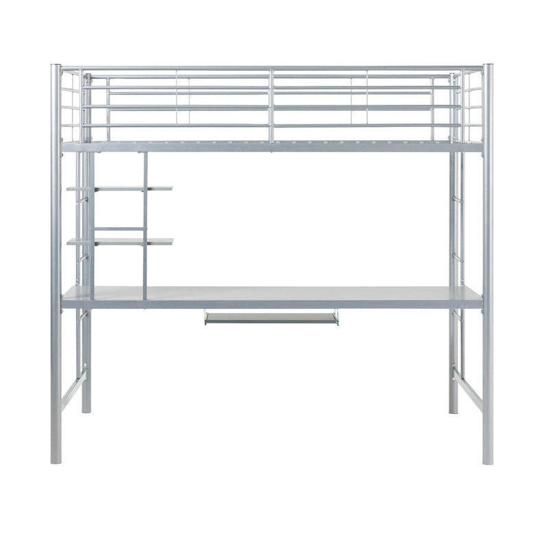 Silver Metal Loft Bed with Built-In Desk and Storage Shelves