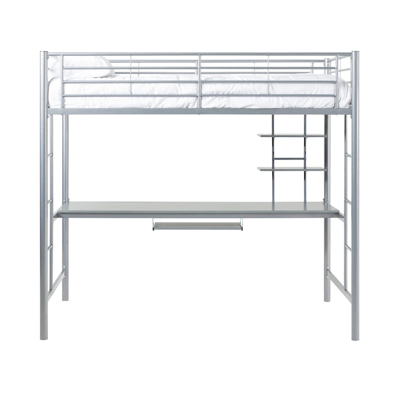 Silver Metal Loft Bed with Built-In Desk and Storage Shelves