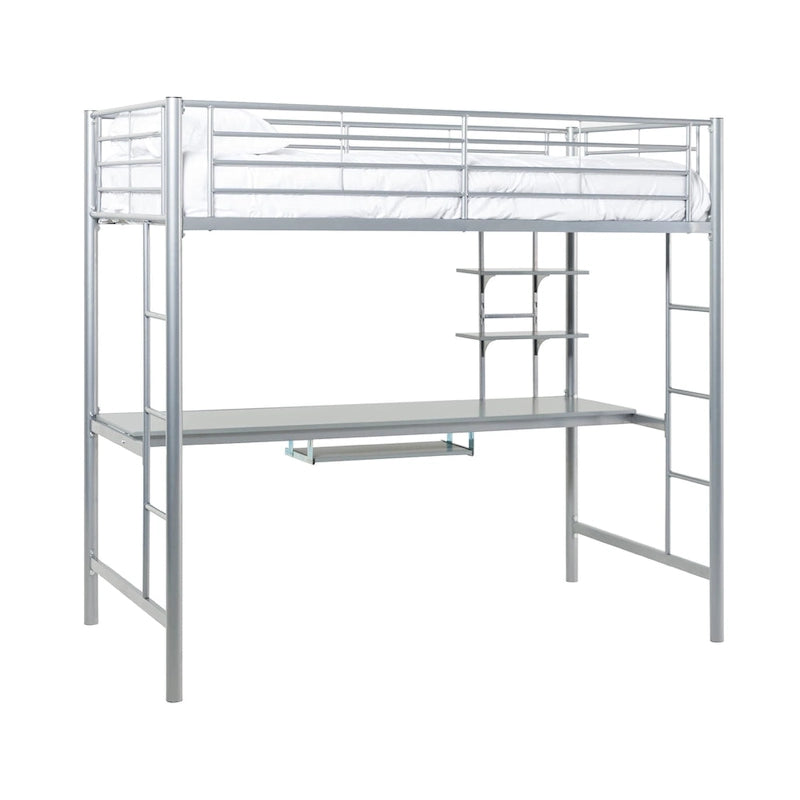Silver Metal Loft Bed with Built-In Desk and Storage Shelves
