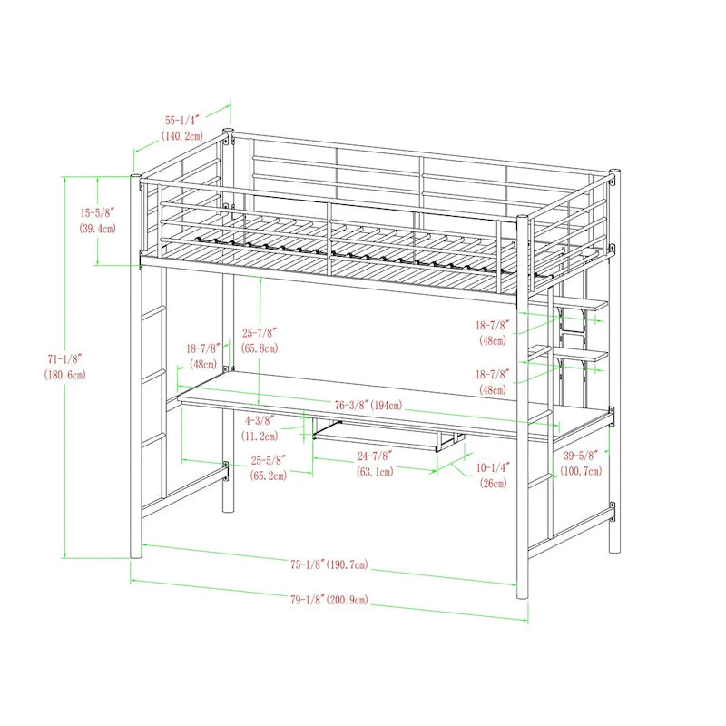 Silver Metal Loft Bed with Built-In Desk and Storage Shelves