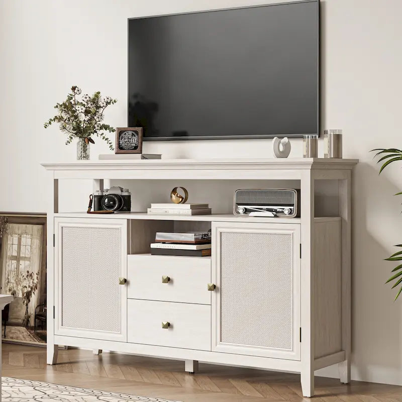 Rattan Sideboard Boho Storage Cabinet with Adjustable Shelves White