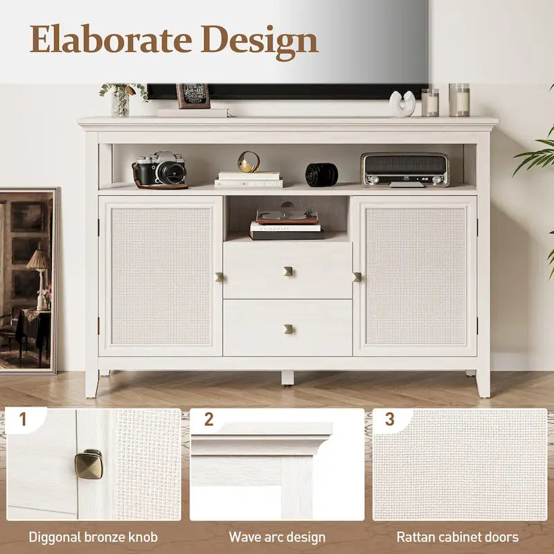 Rattan Sideboard Boho Storage Cabinet with Adjustable Shelves White