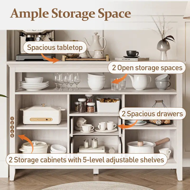 Rattan Sideboard Boho Storage Cabinet with Adjustable Shelves White