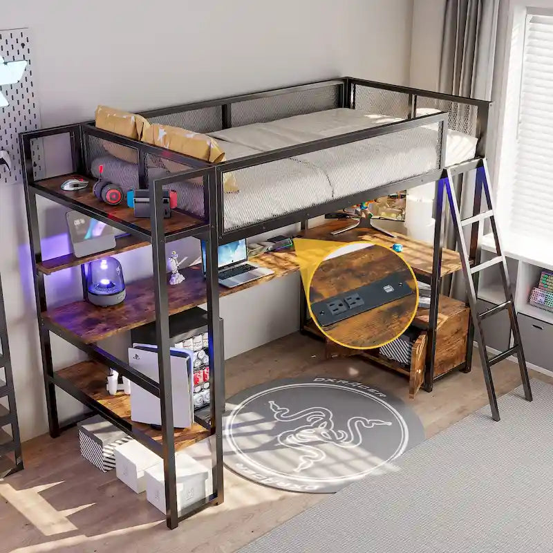Metal Loft Bed with Desk, LED Lights, Storage Shelves and Cabinet