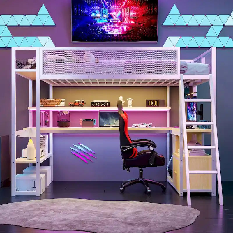 Metal Loft Bed with Desk, LED Lights, Storage Shelves and Cabinet