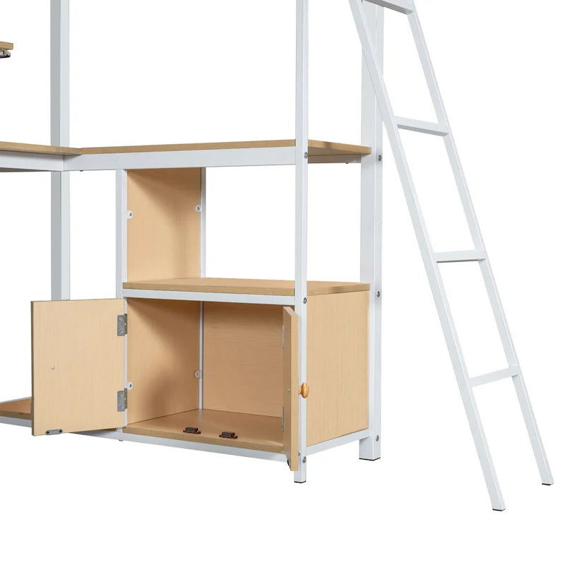 Twin Size Metal Loft Bed with Built-in Work Station, LED and Multiple Storage