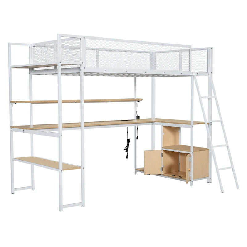 Metal Loft Bed with Desk, LED Lights, Storage Shelves and Cabinet