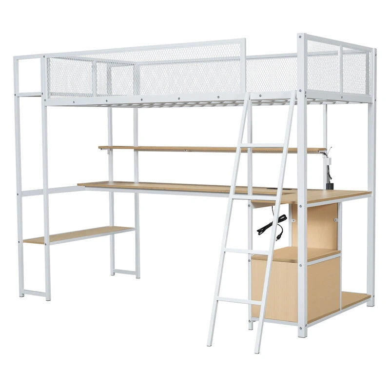 Metal Loft Bed with Desk, LED Lights, Storage Shelves and Cabinet