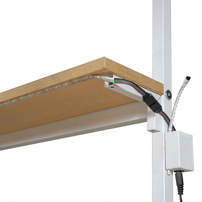 Metal Loft Bed with Desk, LED Lights, Storage Shelves and Cabinet
