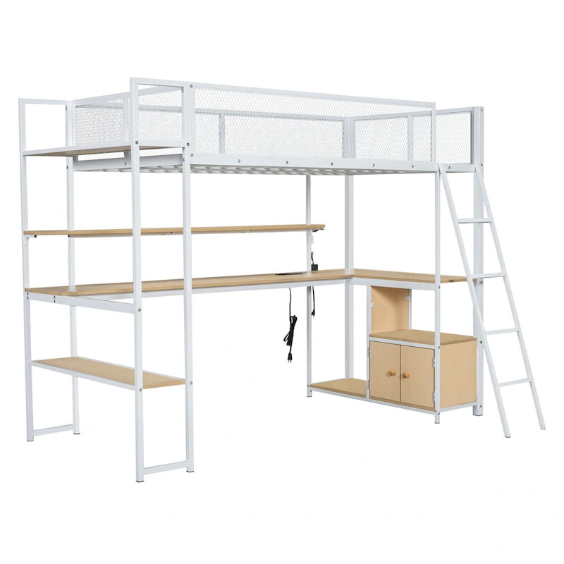 Metal Loft Bed with Desk, LED Lights, Storage Shelves and Cabinet