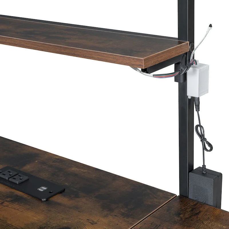 Metal Loft Bed with Desk, LED Lights, Storage Shelves and Cabinet