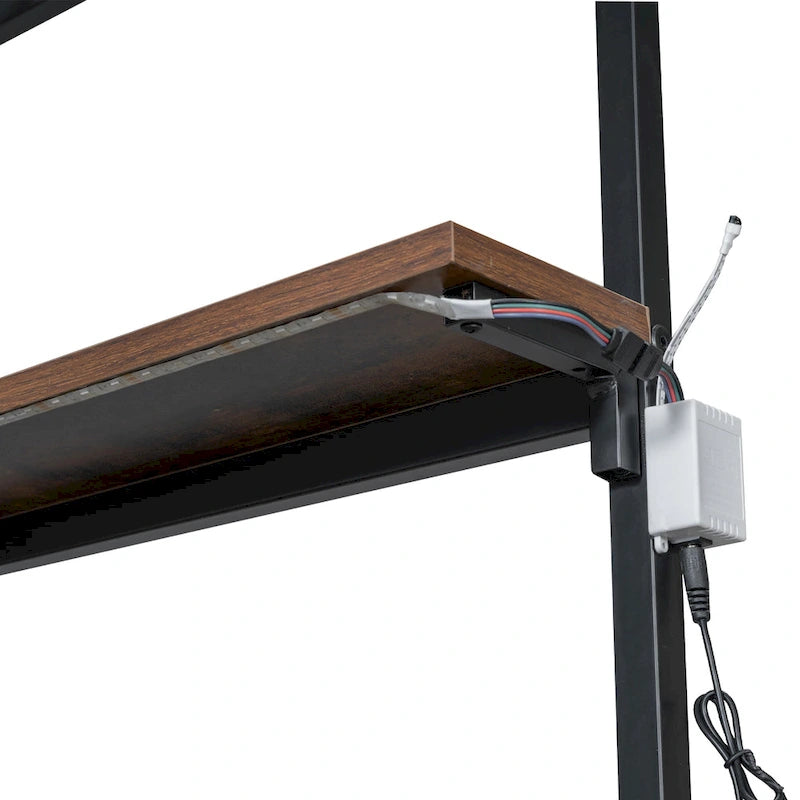 Metal Loft Bed with Desk, LED Lights, Storage Shelves and Cabinet