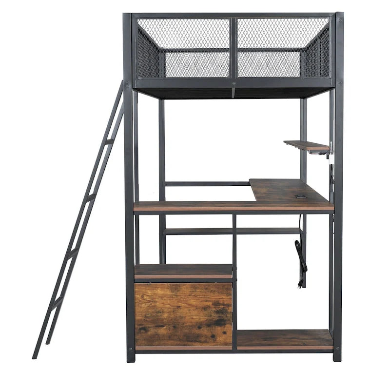 Metal Loft Bed with Desk, LED Lights, Storage Shelves and Cabinet