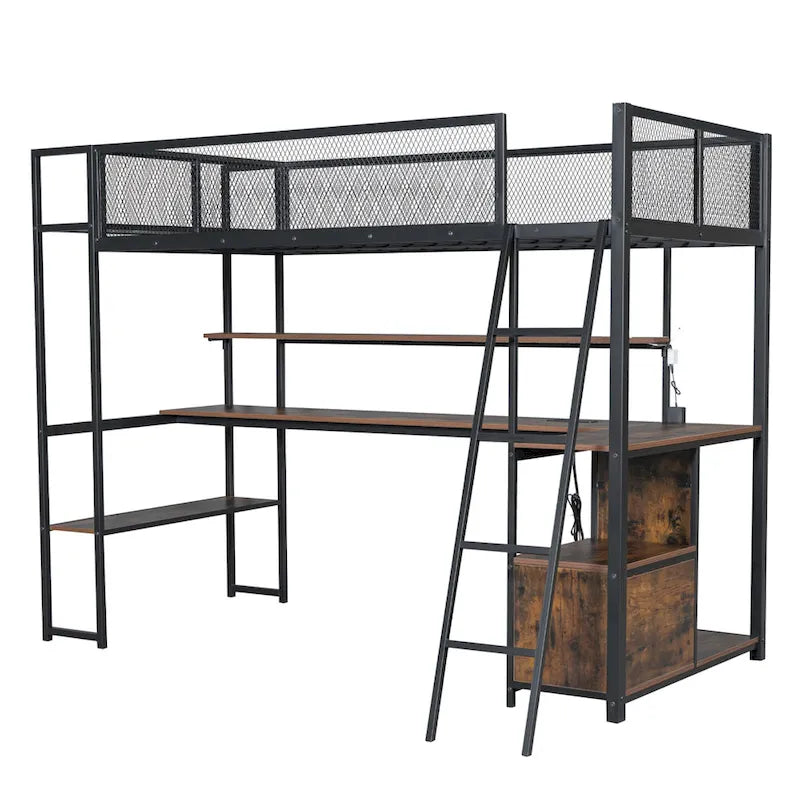 Metal Loft Bed with Desk, LED Lights, Storage Shelves and Cabinet