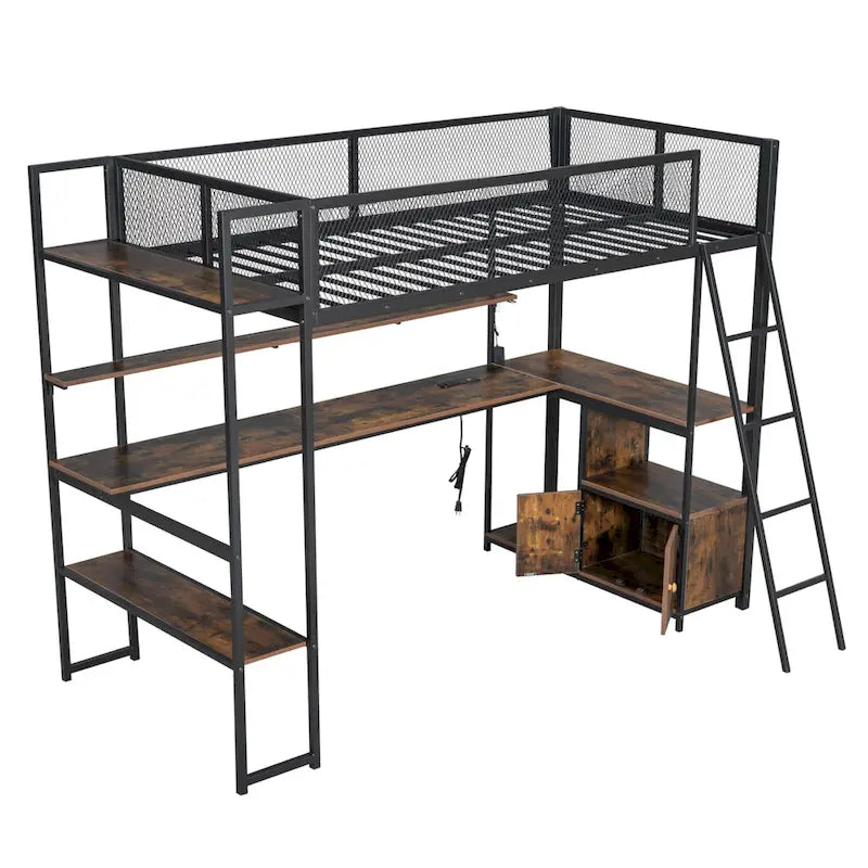 Metal Loft Bed with Desk, LED Lights, Storage Shelves and Cabinet