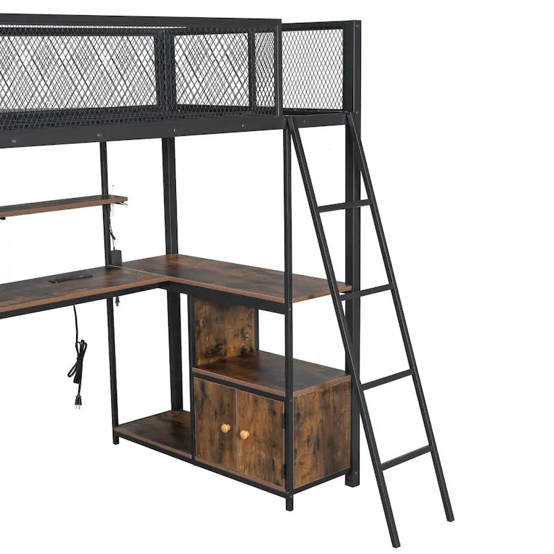 Metal Loft Bed with Desk, LED Lights, Storage Shelves and Cabinet
