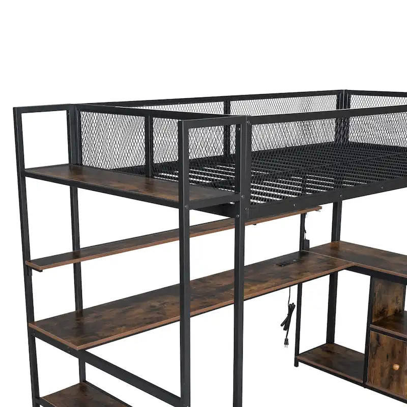 Metal Loft Bed with Desk, LED Lights, Storage Shelves and Cabinet