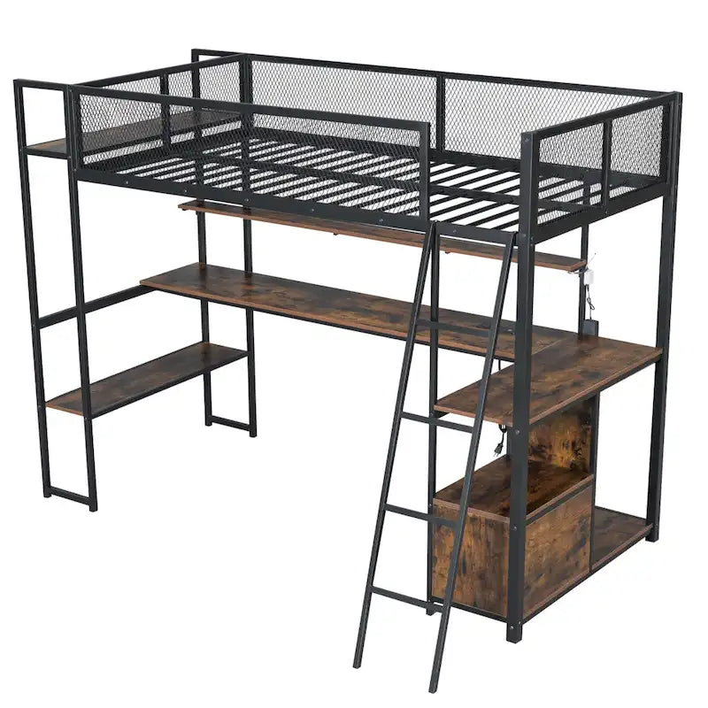 Metal Loft Bed with Desk, LED Lights, Storage Shelves and Cabinet