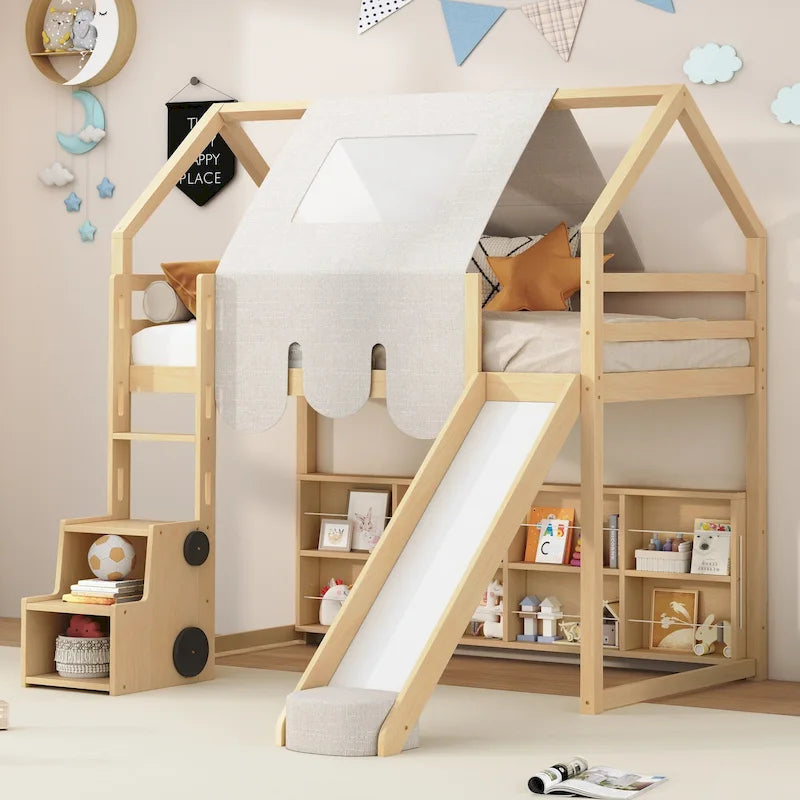 Children's Playhouse Loft Bed with Slide, Ladder, Tent, and Storage