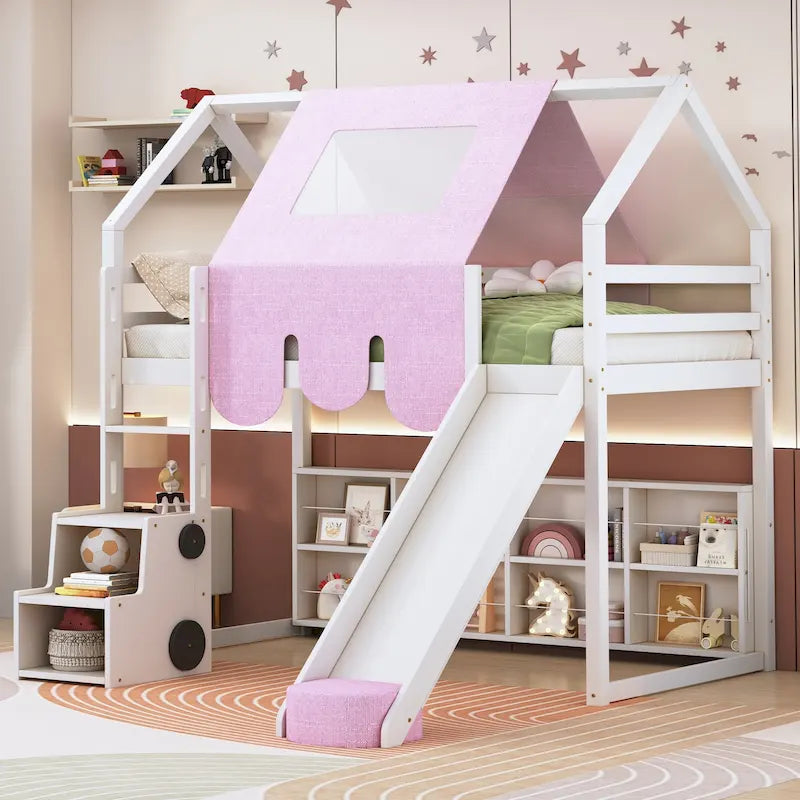 Children's Playhouse Loft Bed with Slide, Ladder, Tent, and Storage