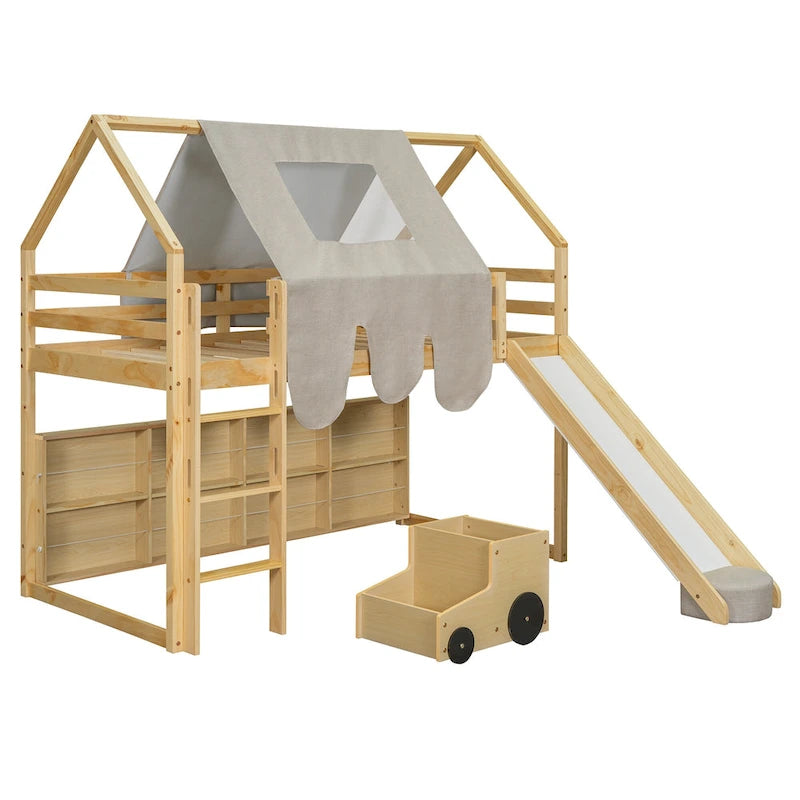 Twin Loft Bed with Play Tent, House Design, Slide & Ladder