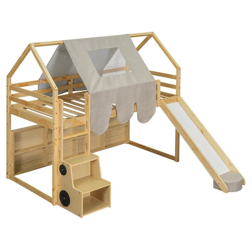 Children's Playhouse Loft Bed with Slide, Ladder, Tent, and Storage