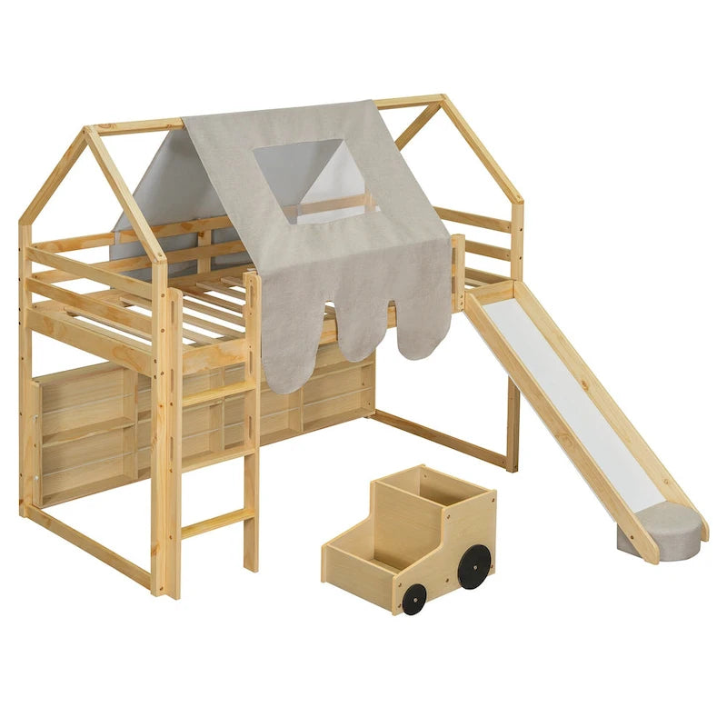 Children's Playhouse Loft Bed with Slide, Ladder, Tent, and Storage