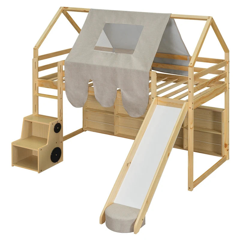 Children's Playhouse Loft Bed with Slide, Ladder, Tent, and Storage