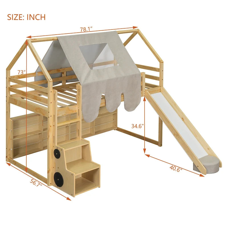 Children's Playhouse Loft Bed with Slide, Ladder, Tent, and Storage