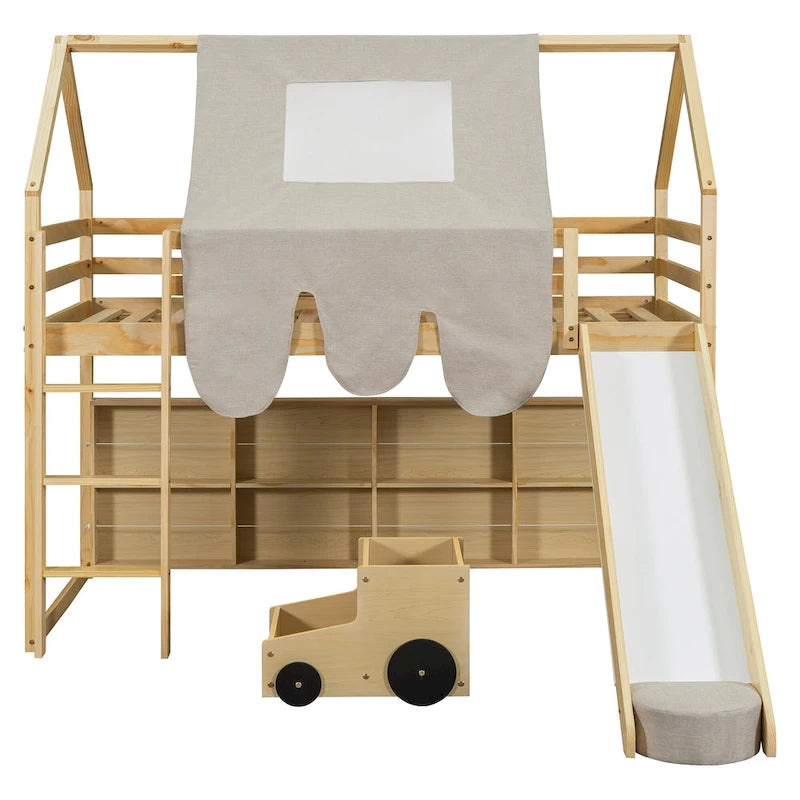Children's Playhouse Loft Bed with Slide, Ladder, Tent, and Storage