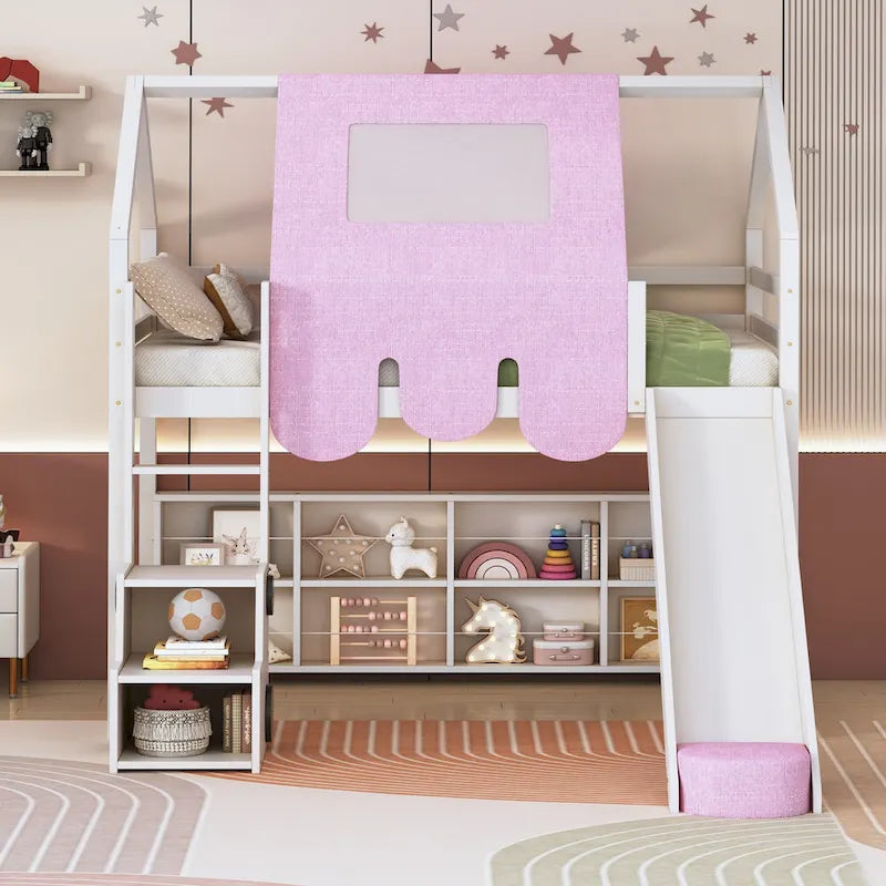Children's Playhouse Loft Bed with Slide, Ladder, Tent, and Storage