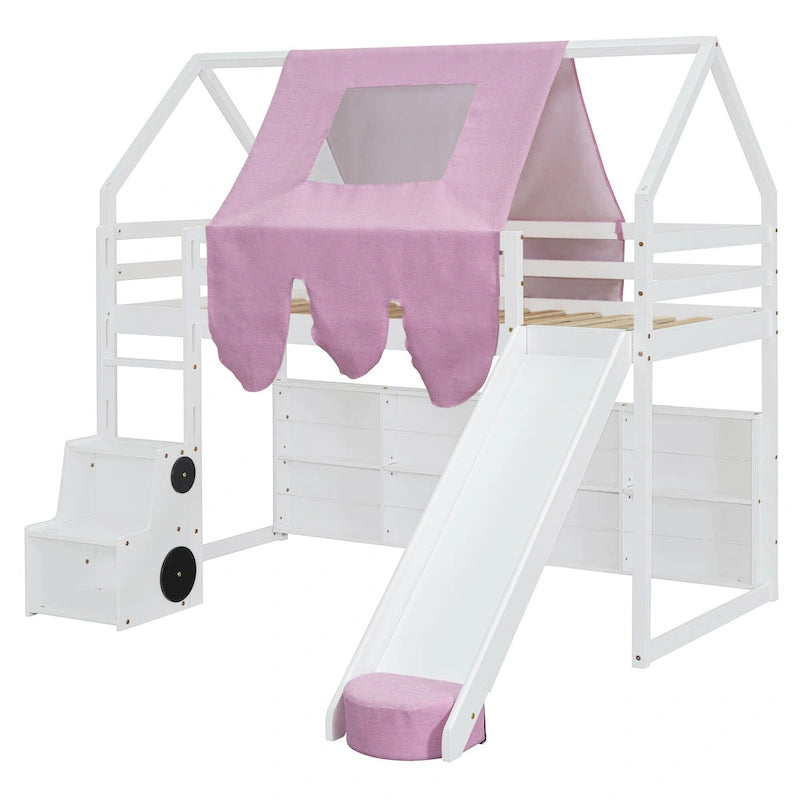 Children's Playhouse Loft Bed with Slide, Ladder, Tent, and Storage