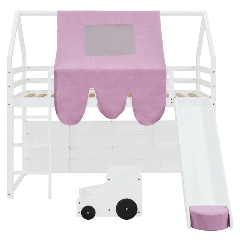 Children's Playhouse Loft Bed with Slide, Ladder, Tent, and Storage