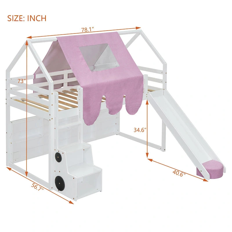 Children's Playhouse Loft Bed with Slide, Ladder, Tent, and Storage