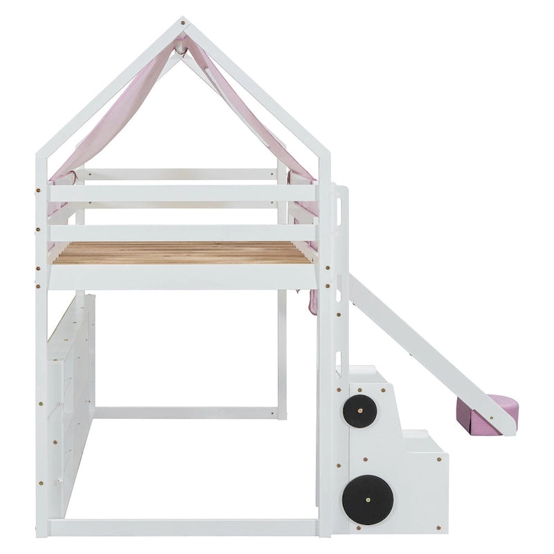 Children's Playhouse Loft Bed with Slide, Ladder, Tent, and Storage