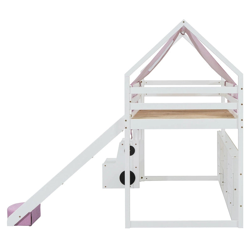 Children's Playhouse Loft Bed with Slide, Ladder, Tent, and Storage