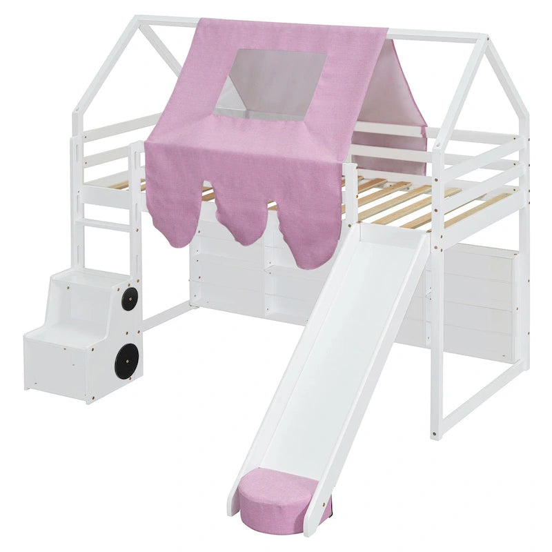 Children's Playhouse Loft Bed with Slide, Ladder, Tent, and Storage