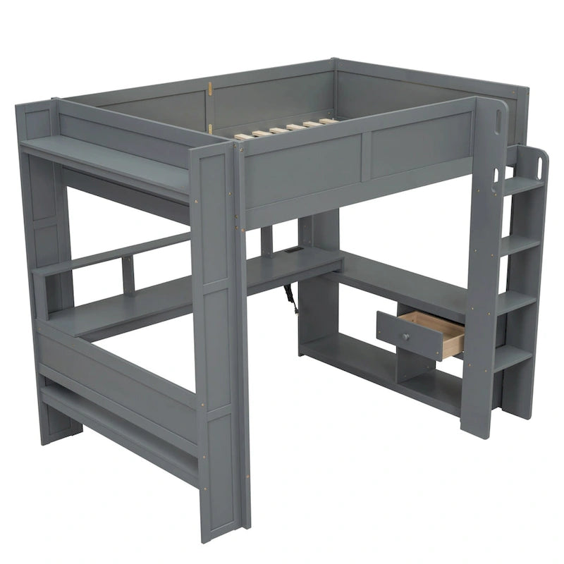 Full Size Loft Bed w/Desk,Multi-storage Shelves,LED,Charging Station