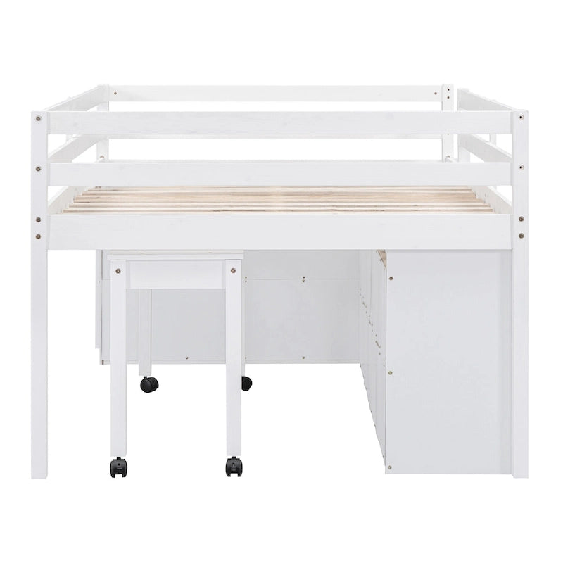 Full Size Loft Bed w/ Retractable Writing Desk & 4 Drawers, Wooden Loft Bed w/ Lateral Portabhite