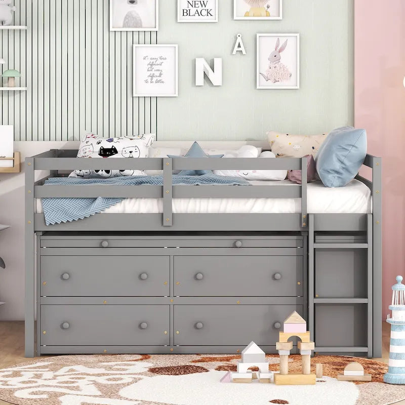 Full Size Loft Bed w/ Retractable Writing Desk & 4 Drawers, Wooden Loft Bed w/ Lateral Portabhite