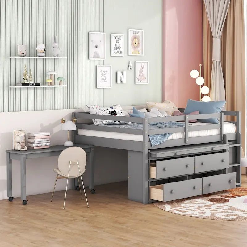 Full Size Loft Bed w/ Retractable Writing Desk & 4 Drawers, Wooden Loft Bed w/ Lateral Portabhite