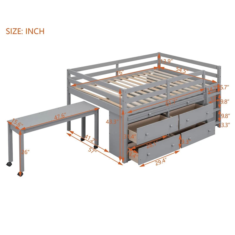 Full Size Loft Bed w/ Retractable Writing Desk & 4 Drawers, Wooden Loft Bed w/ Lateral Portabhite