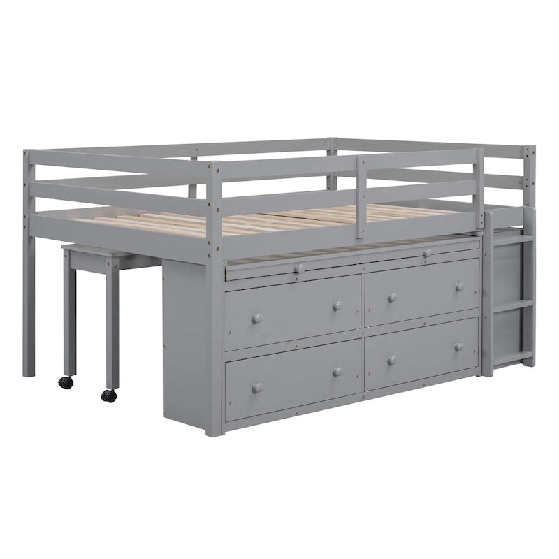 Full Size Loft Bed w/ Retractable Writing Desk & 4 Drawers, Wooden Loft Bed w/ Lateral Portabhite